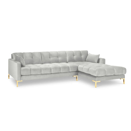 Mamaia 4-Sitzer Ecksofa, Rechte Seite, Beine Goldmetall, mit Bezug aus Samt (Blu03) in Silber, 293x185 cm – Bild 4