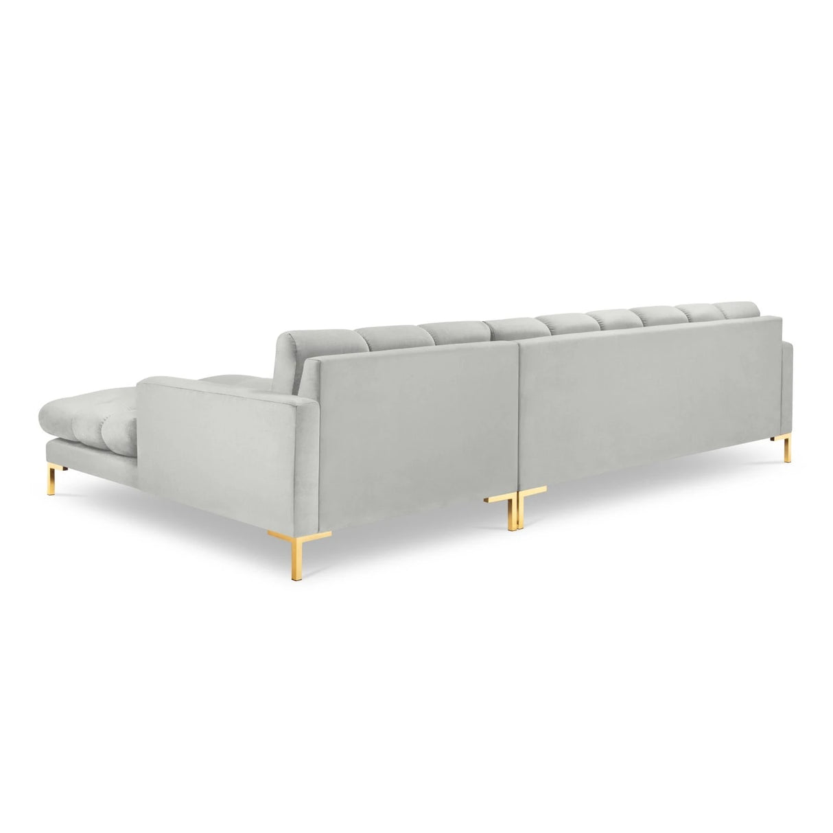 Mamaia 4-Sitzer Ecksofa, Rechte Seite, Beine Goldmetall, mit Bezug aus Samt (Blu03) in Silber, 293x185 cm – Bild 5