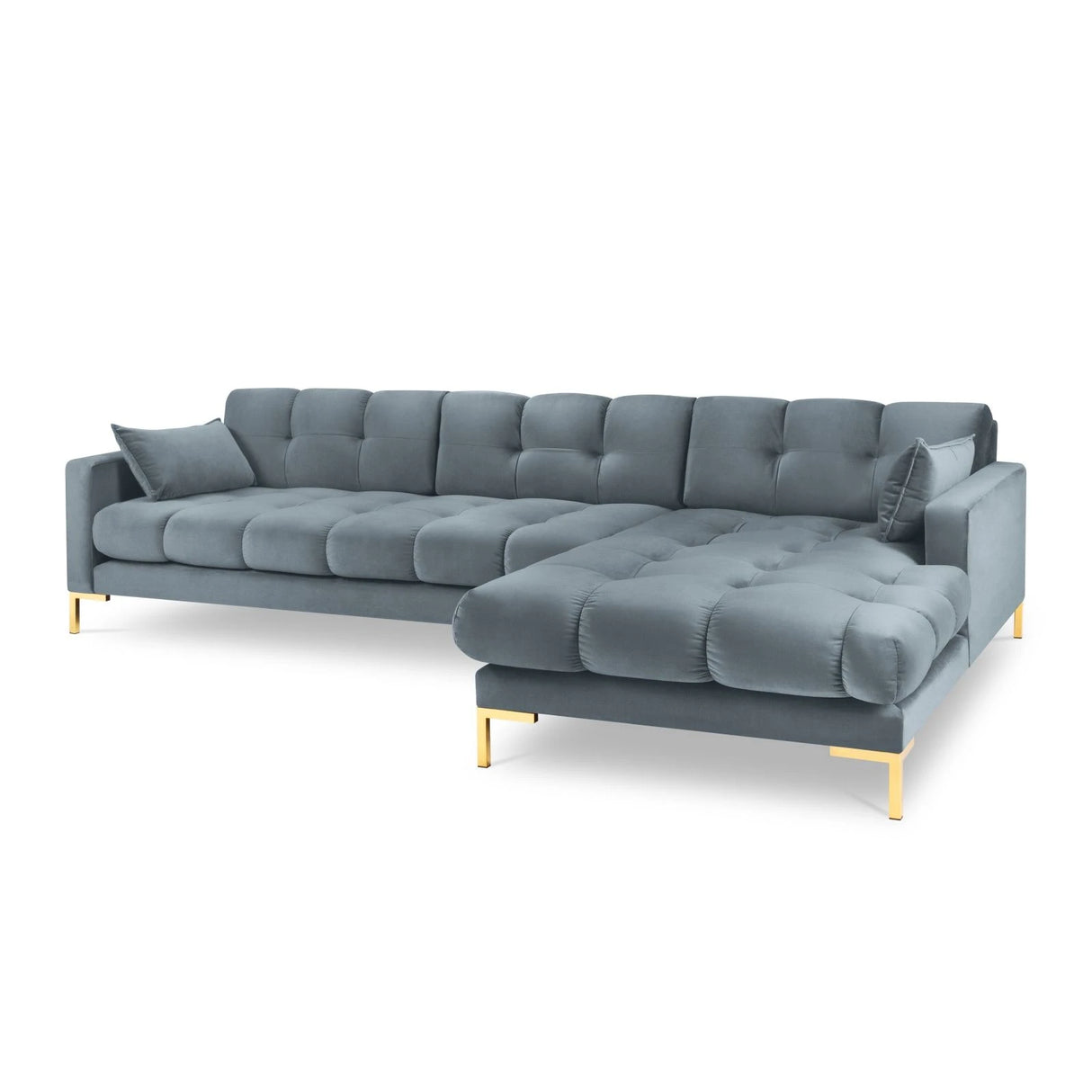Mamaia 4-Sitzer Ecksofa, Rechte Seite, Beine Goldmetall, mit Bezug aus Samt (Blu06) in Hellblau, 293x185 cm – Bild 1