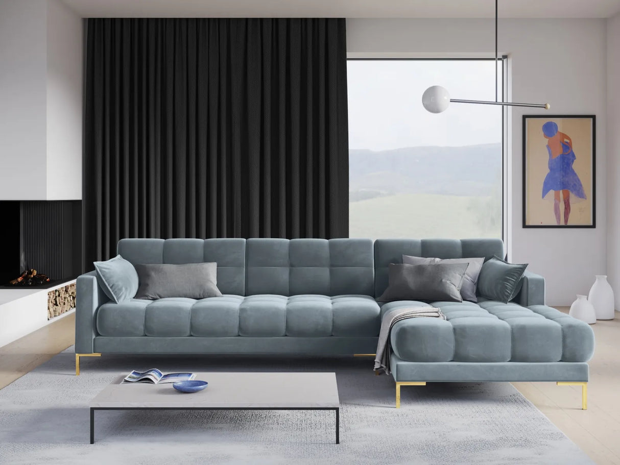 Mamaia 4-Sitzer Ecksofa, Rechte Seite, Beine Goldmetall, mit Bezug aus Samt (Blu06) in Hellblau, 293x185 cm – Bild 2