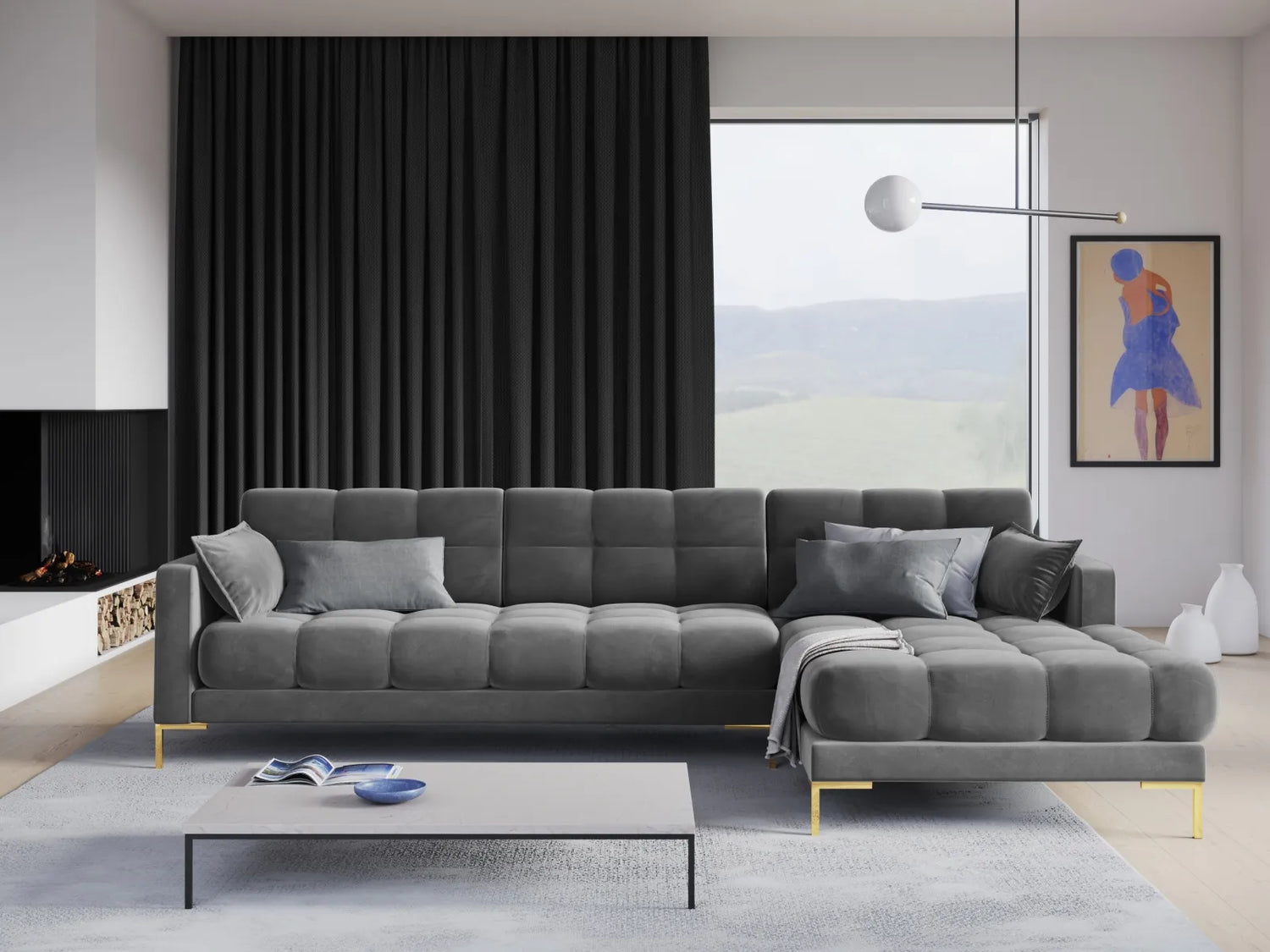 Mamaia 4-Sitzer Ecksofa, Rechte Seite, Beine Goldmetall, mit Bezug aus Samt (Blu13) in Hellgrau, 293x185 cm – Bild 2