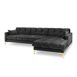Mamaia 4-Sitzer Ecksofa, Rechte Seite, Beine Goldmetall, mit Bezug aus Samt (Blu18) in Dunkelgrau, 293x185 cm – Bild 1