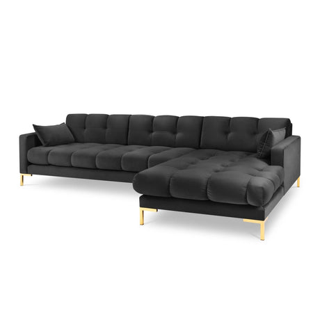 Mamaia 4-Sitzer Ecksofa, Rechte Seite, Beine Goldmetall, mit Bezug aus Samt (Blu18) in Dunkelgrau, 293x185 cm – Bild 1