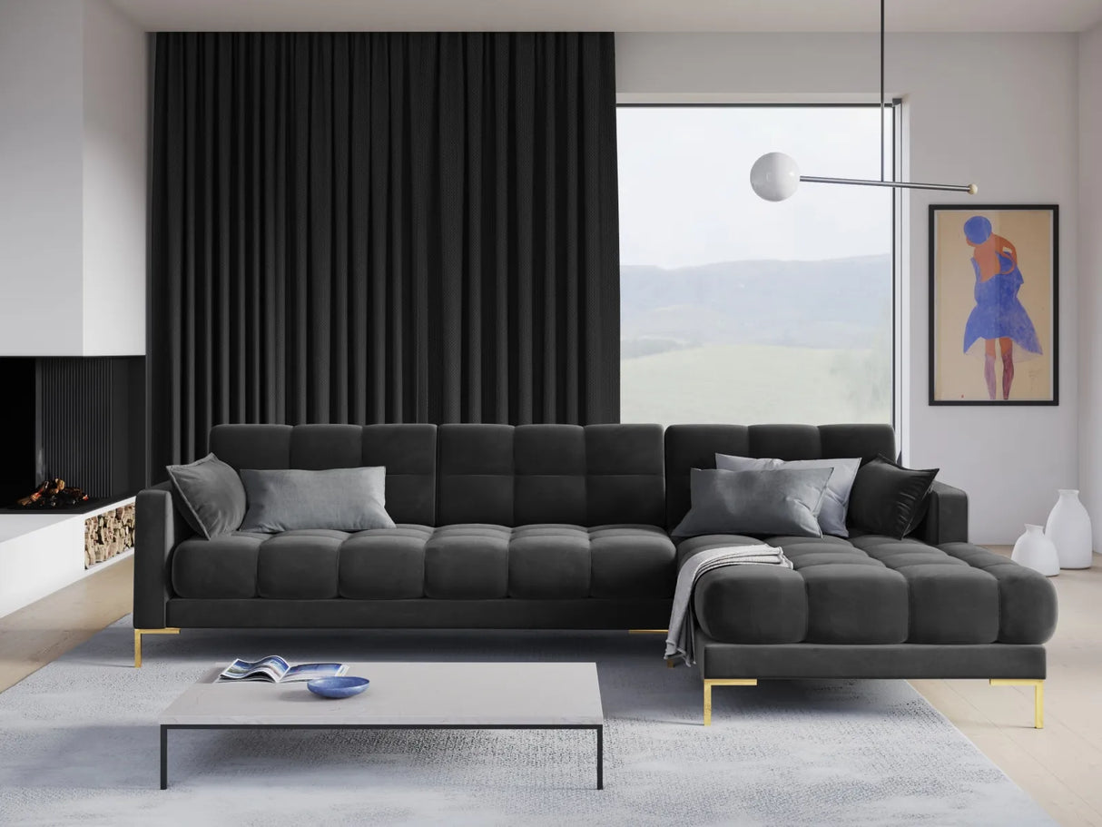 Mamaia 4-Sitzer Ecksofa, Rechte Seite, Beine Goldmetall, mit Bezug aus Samt (Blu18) in Dunkelgrau, 293x185 cm – Bild 2