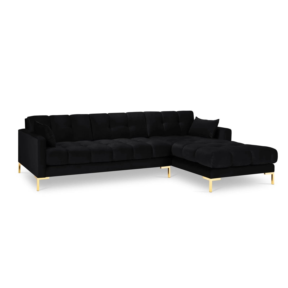 Mamaia 4-Sitzer Ecksofa, Rechte Seite, Beine Goldmetall, mit Bezug aus Samt (Blu19) in Schwarz, 293x185 cm – Bild 4