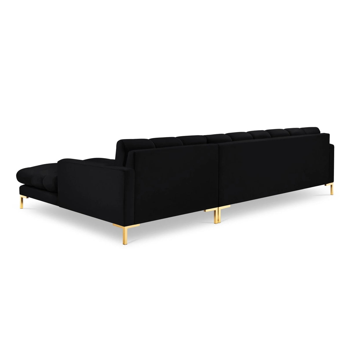 Mamaia 4-Sitzer Ecksofa, Rechte Seite, Beine Goldmetall, mit Bezug aus Samt (Blu19) in Schwarz, 293x185 cm – Bild 5