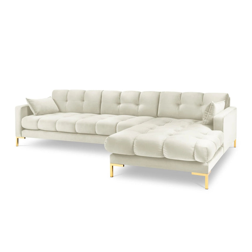 Mamaia 4-Sitzer Ecksofa, Rechte Seite, Beine Goldmetall, mit Bezug aus Samt (Blu22) in Leichtes Beige, 293x185 cm – Bild 1