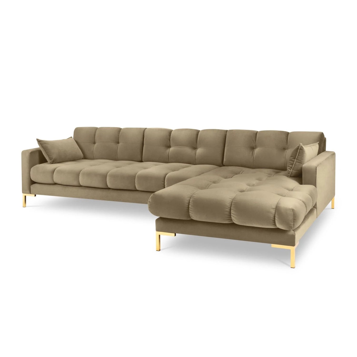 Mamaia 4-Sitzer Ecksofa, Rechte Seite, Beine Goldmetall, mit Bezug aus Samt (Blu28) in Beige, 293x185 cm – Bild 1