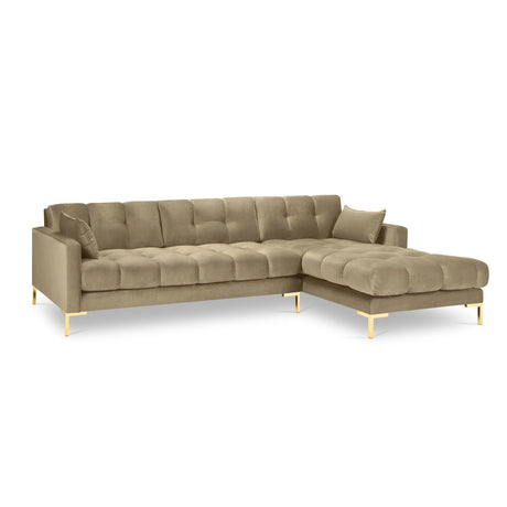 Mamaia 4-Sitzer Ecksofa, Rechte Seite, Beine Goldmetall, mit Bezug aus Samt (Blu28) in Beige, 293x185 cm – Bild 4
