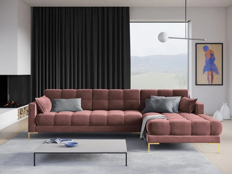 Mamaia 4-Sitzer Ecksofa, Rechte Seite, Beine Goldmetall, mit Bezug aus Samt (Blu52) in Rosa, 293x185 cm – Bild 2