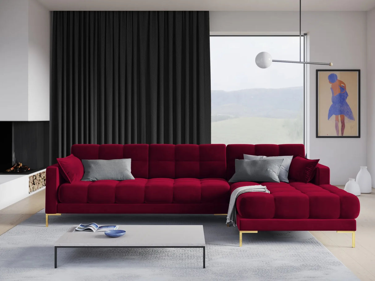 Mamaia 4-Sitzer Ecksofa, Rechte Seite, Beine Goldmetall, mit Bezug aus Samt (Blu59) in Rot, 293x185 cm – Bild 2