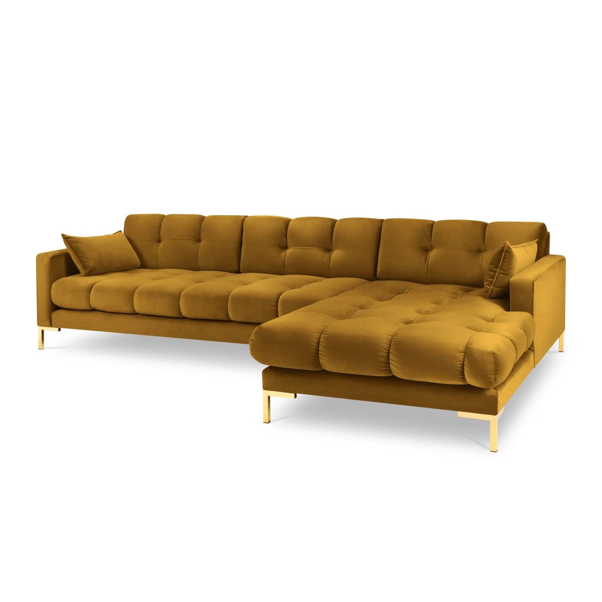 Mamaia 4-Sitzer Ecksofa, Rechte Seite, Beine Goldmetall, mit Bezug aus Samt (Blu68) in Gelb, 293x185 cm – Bild 1