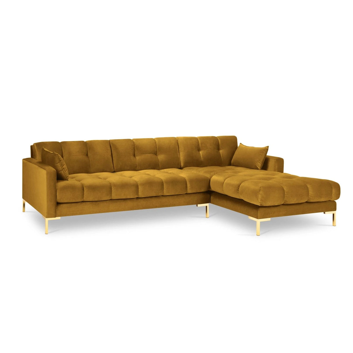 Mamaia 4-Sitzer Ecksofa, Rechte Seite, Beine Goldmetall, mit Bezug aus Samt (Blu68) in Gelb, 293x185 cm – Bild 4
