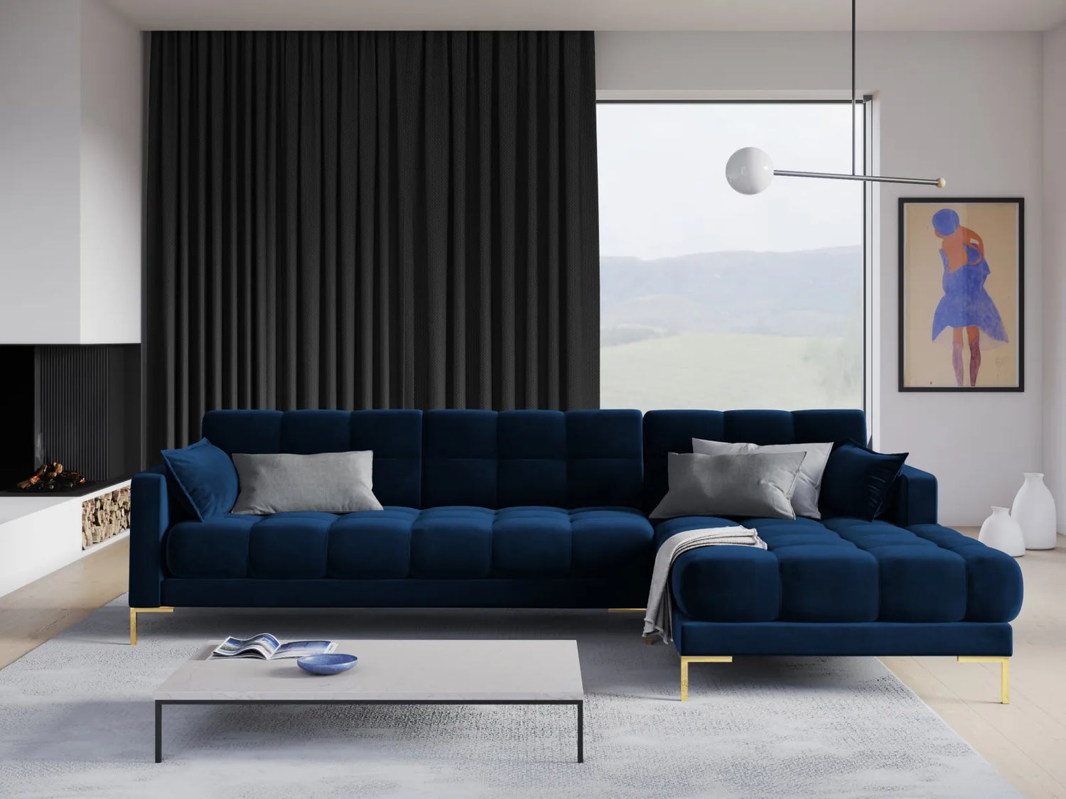 Mamaia 4-Sitzer Ecksofa, Rechte Seite, Beine Goldmetall, mit Bezug aus Samt (Blu86) in Königsblau, 293x185 cm – Bild 2
