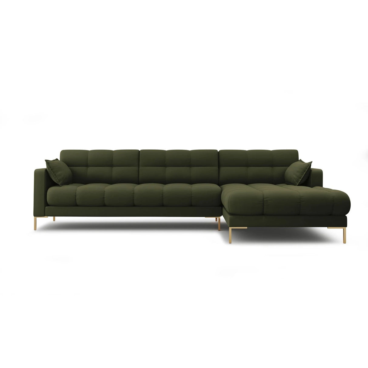 Mamaia 4-Sitzer Ecksofa, Rechte Seite, Beine Goldmetall, mit Bezug aus Strukturierter Stoff (Nev39) in Grün, 293x185 cm – Bild 1