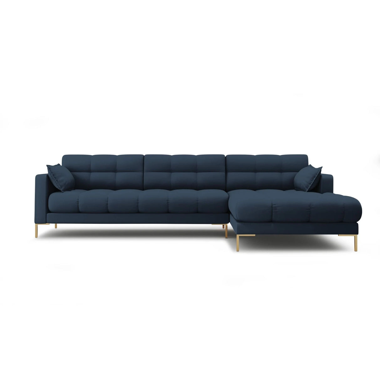Mamaia 4-Sitzer Ecksofa, Rechte Seite, Beine Goldmetall, mit Bezug aus Strukturierter Stoff (Nev77) in Blau, 293x185 cm – Bild 1