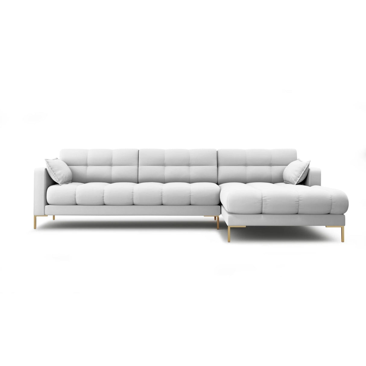 Mamaia 4-Sitzer Ecksofa, Rechte Seite, Beine Goldmetall, mit Bezug aus Strukturierter Stoff (Nev80) in Hellgrau, 293x185 cm – Bild 1