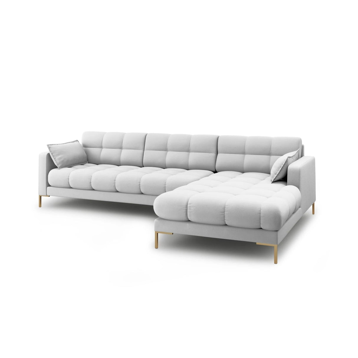 Mamaia 4-Sitzer Ecksofa, Rechte Seite, Beine Goldmetall, mit Bezug aus Strukturierter Stoff (Nev80) in Hellgrau, 293x185 cm – Bild 4
