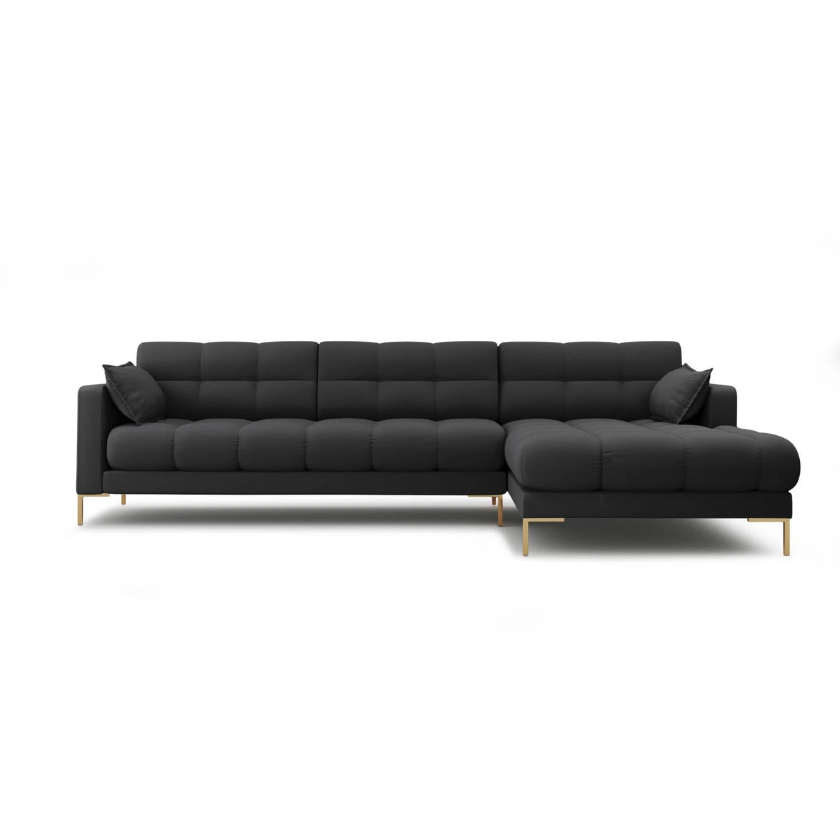 Mamaia 4-Sitzer Ecksofa, Rechte Seite, Beine Goldmetall, mit Bezug aus Strukturierter Stoff (Nev97) in Dunkelgrau, 293x185 cm – Bild 1