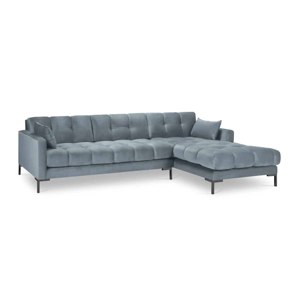 Mamaia 4-Sitzer Ecksofa, Rechte Seite, Metallbeine Schwarz, mit Bezug aus Samt (Blu06) in Hellblau, 293x185 cm – Bild 4