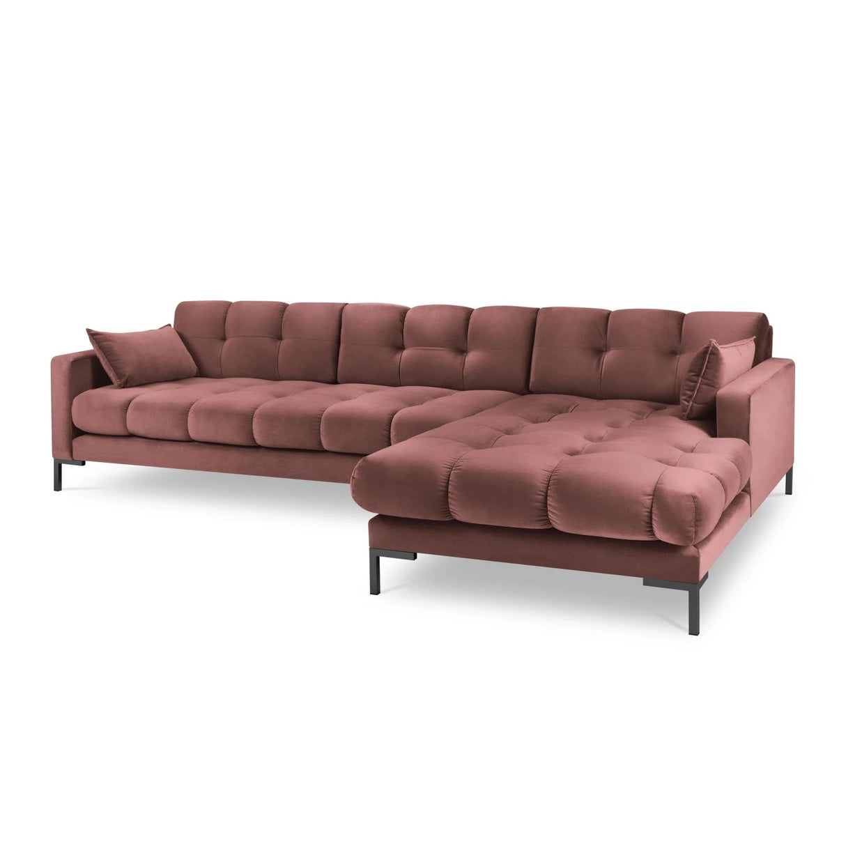 Mamaia 4-Sitzer Ecksofa, Rechte Seite, Metallbeine Schwarz, mit Bezug aus Samt (Blu52) in Rosa, 293x185 cm – Bild 1