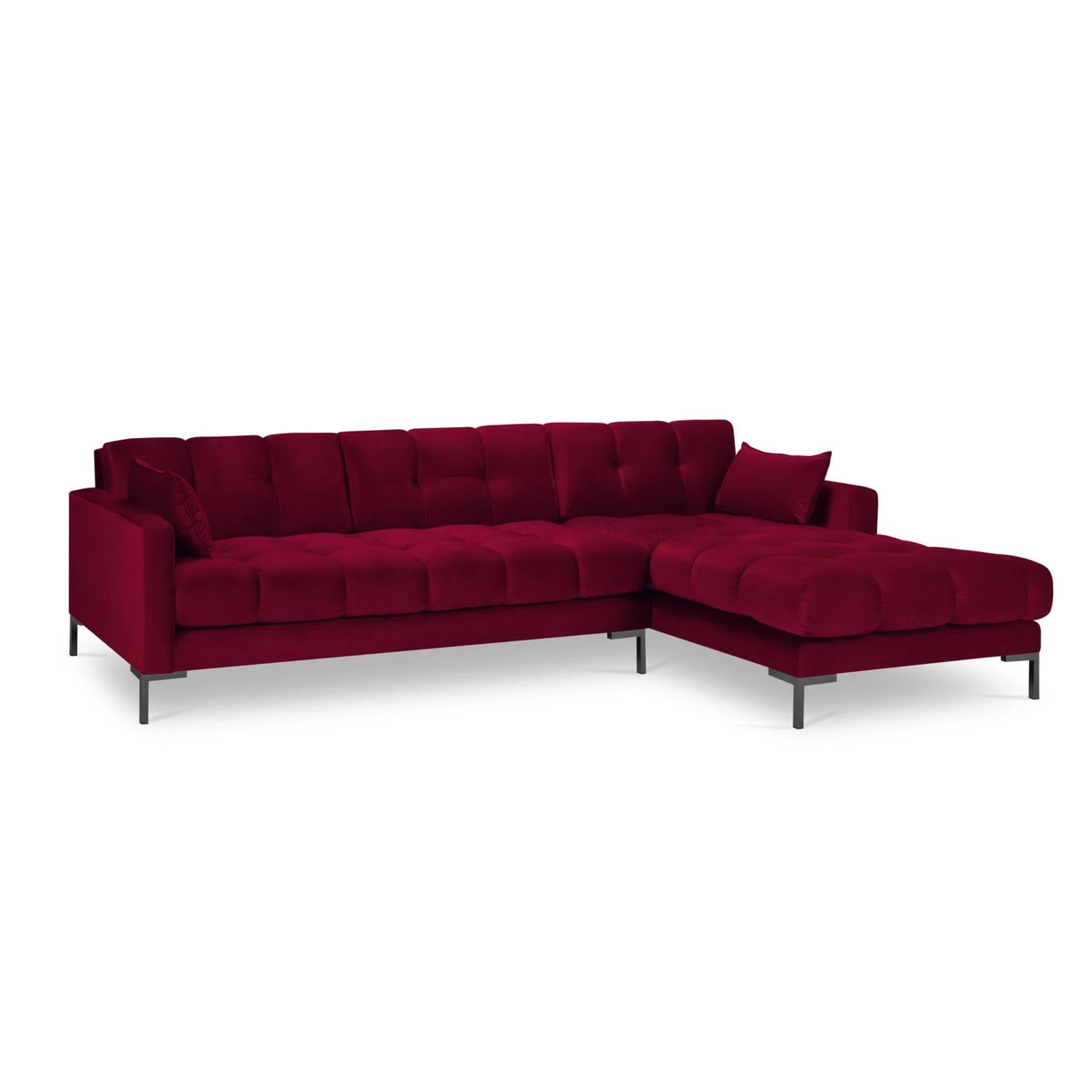 Mamaia 4-Sitzer Ecksofa, Rechte Seite, Metallbeine Schwarz, mit Bezug aus Samt (Blu59) in Rot, 293x185 cm – Bild 4