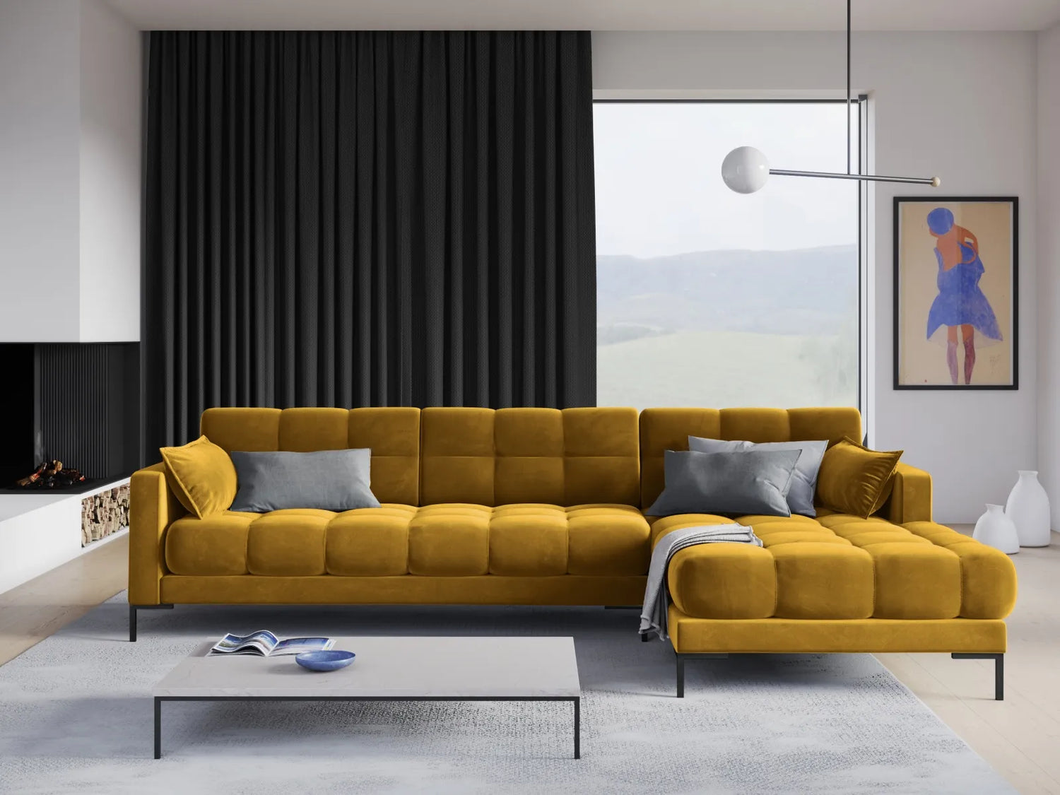 Mamaia 4-Sitzer Ecksofa, Rechte Seite, Metallbeine Schwarz, mit Bezug aus Samt (Blu68) in Gelb, 293x185 cm – Bild 2