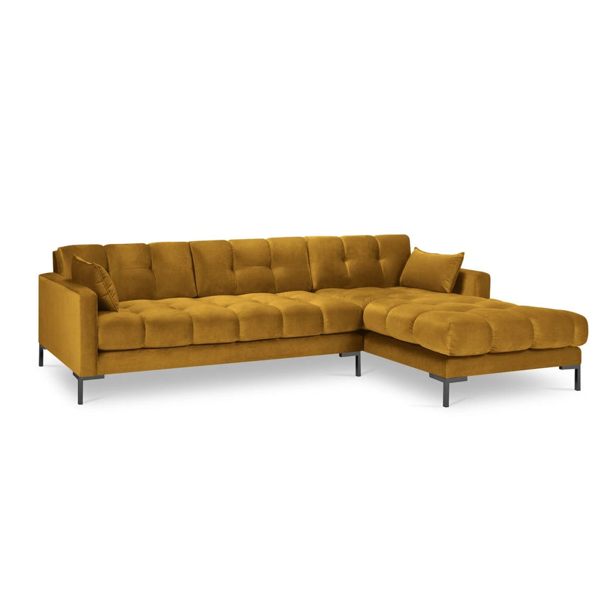 Mamaia 4-Sitzer Ecksofa, Rechte Seite, Metallbeine Schwarz, mit Bezug aus Samt (Blu68) in Gelb, 293x185 cm – Bild 4
