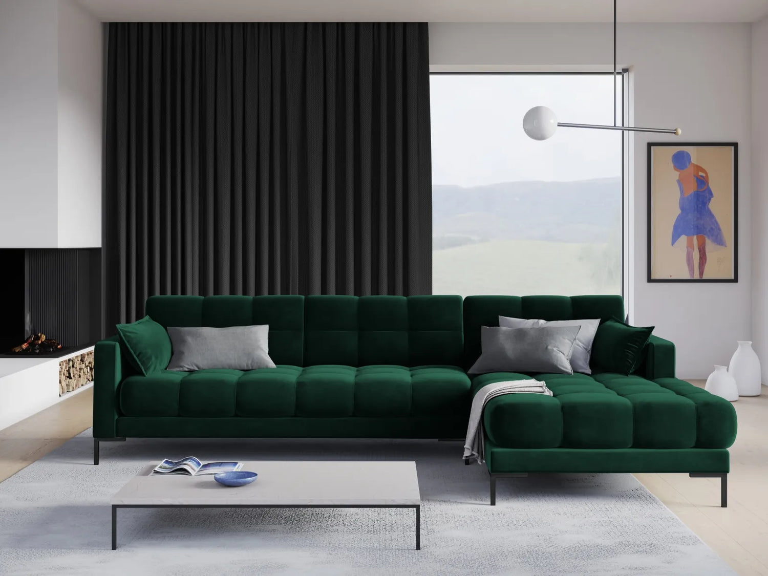 Mamaia 4-Sitzer Ecksofa, Rechte Seite, Metallbeine Schwarz, mit Bezug aus Samt (Blu78) in Flaschengrün, 293x185 cm – Bild 2