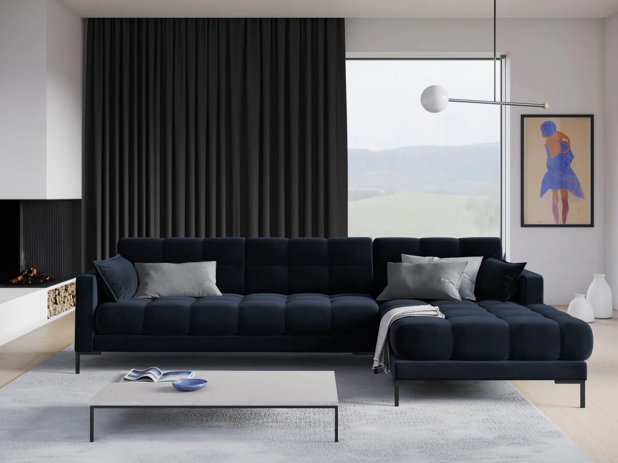 Mamaia 4-Sitzer Ecksofa, Rechte Seite, Metallbeine Schwarz, mit Bezug aus Samt (Blu89) in Dunkelblau, 293x185 cm – Bild 2