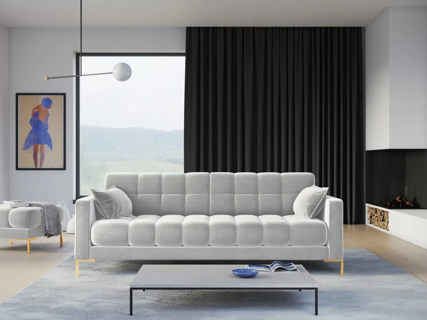 Mamaia 4-Sitzer Sofa, Beine Goldmetall, mit Bezug aus Samt (Blu03) in Silber, 217x96 cm – Bild 2