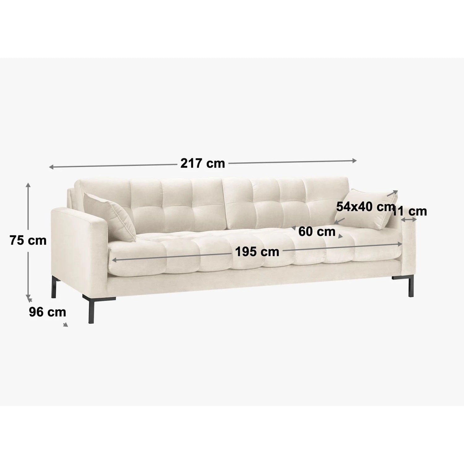 Mamaia 4-Sitzer Sofa, Metallbeine Schwarz, mit Bezug aus Samt (Blu13) in Hellgrau, 217x96 cm – Bild 3