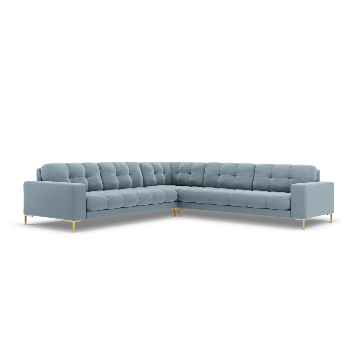 Mamaia 5-Sitzer Ecksofa symmetrisch, Beine Goldmetall, mit Bezug aus Samt (Blu06) in Hellblau, 256x256 cm – Bild 1