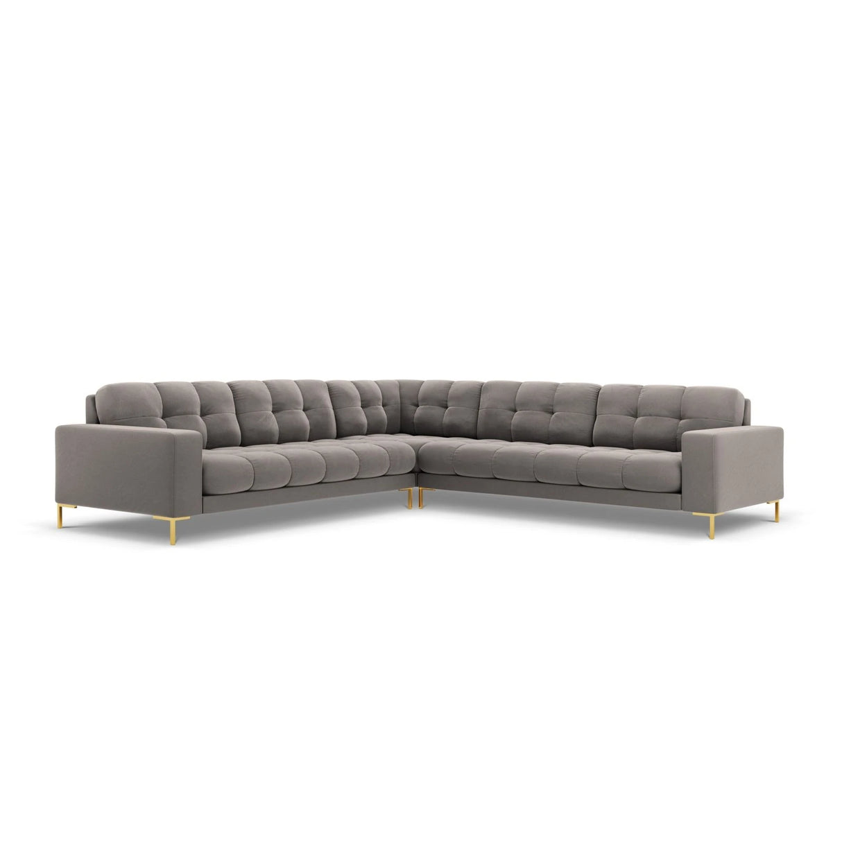 Mamaia 5-Sitzer Ecksofa symmetrisch, Beine Goldmetall, mit Bezug aus Samt (Blu13) in Hellgrau, 256x256 cm – Bild 1