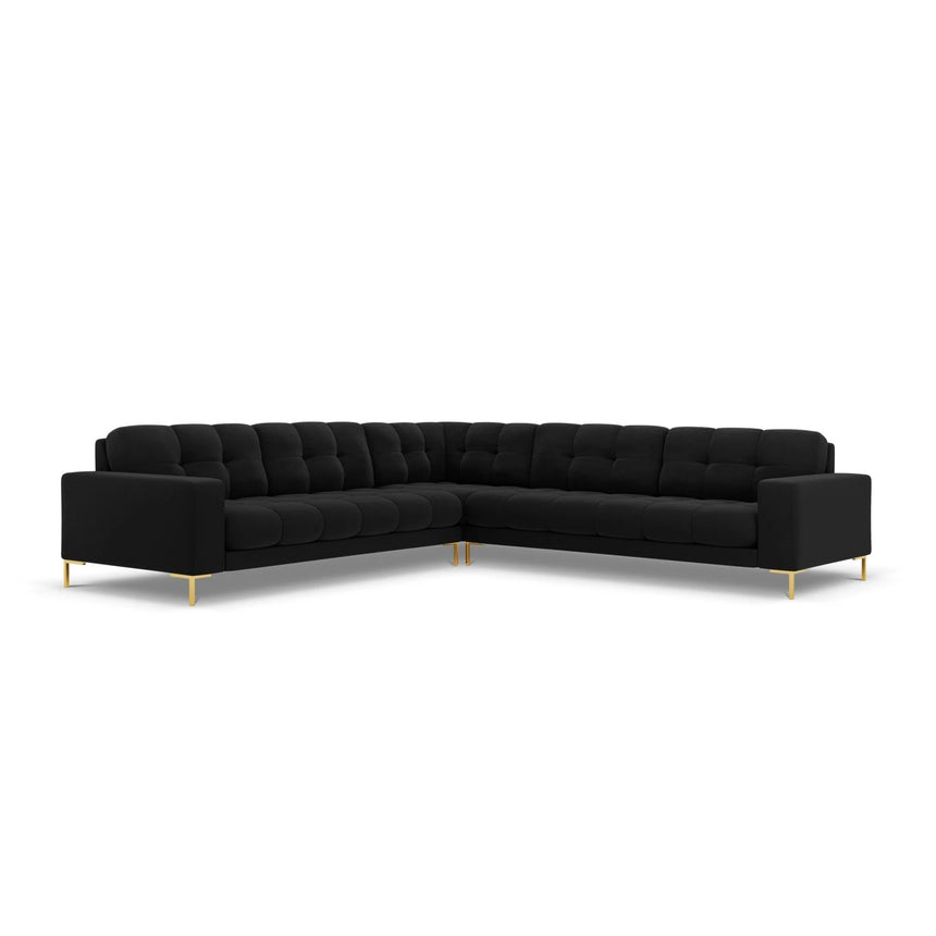 Mamaia 5-Sitzer Ecksofa symmetrisch, Beine Goldmetall, mit Bezug aus Samt (Blu19) in Schwarz, 256x256 cm – Bild 1