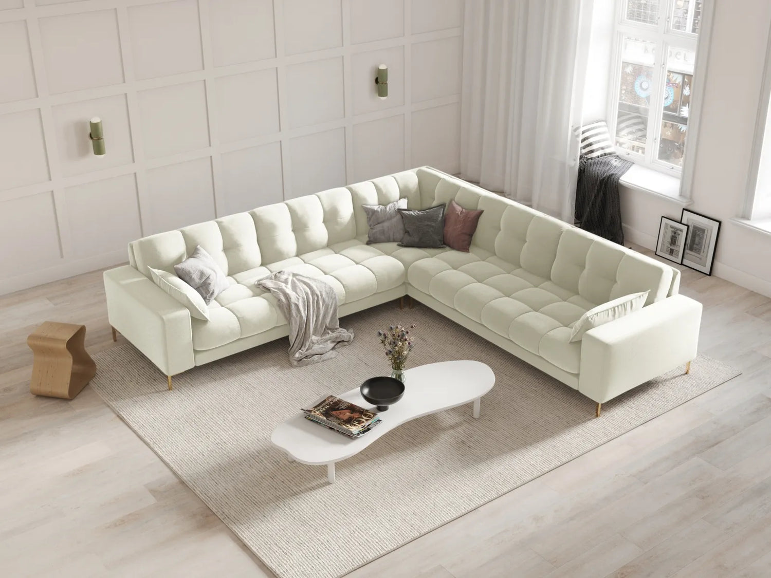 Mamaia 5-Sitzer Ecksofa symmetrisch, Beine Goldmetall, mit Bezug aus Samt (Blu22) in Leichtes Beige, 256x256 cm – Bild 2