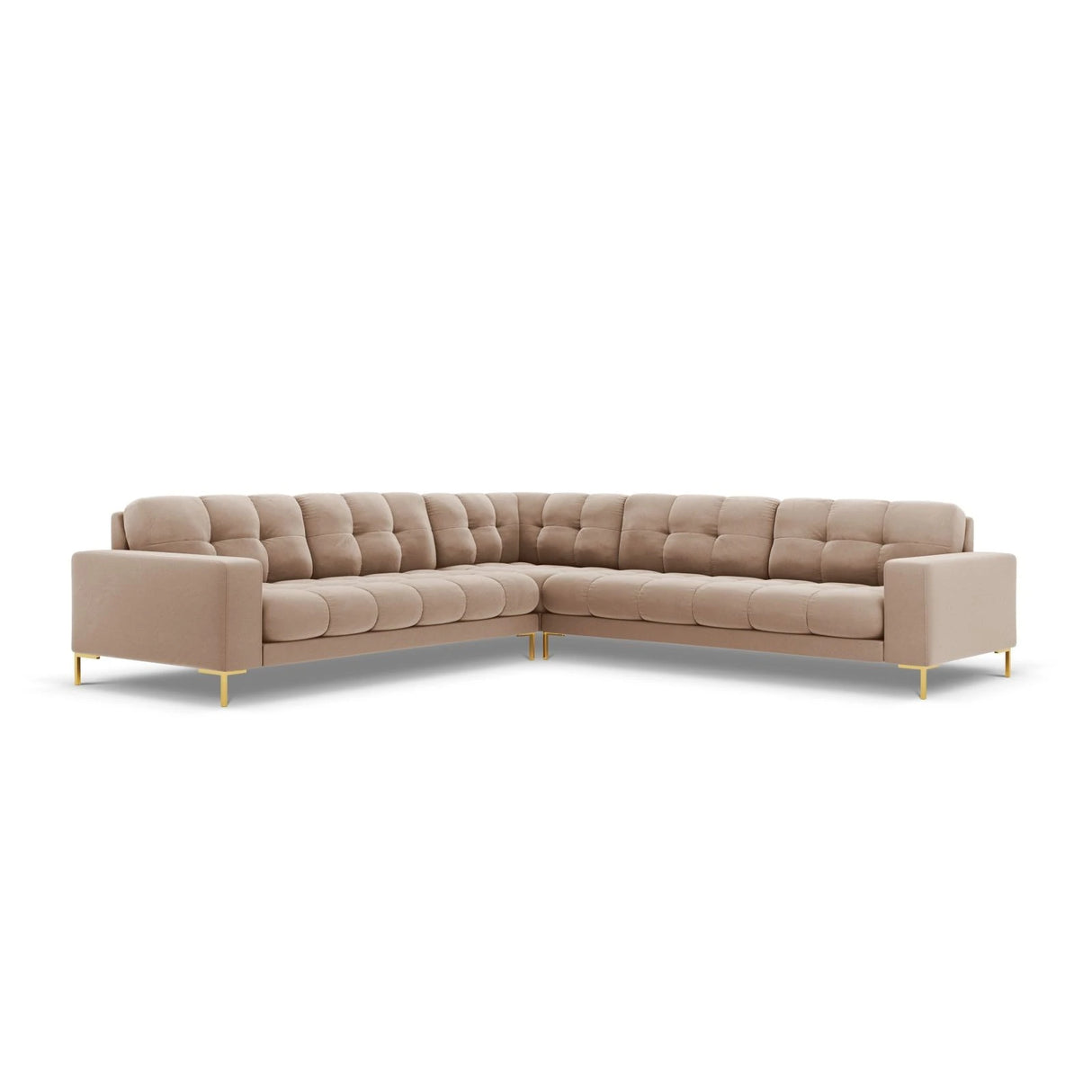 Mamaia 5-Sitzer Ecksofa symmetrisch, Beine Goldmetall, mit Bezug aus Samt (Blu28) in Beige, 256x256 cm – Bild 1