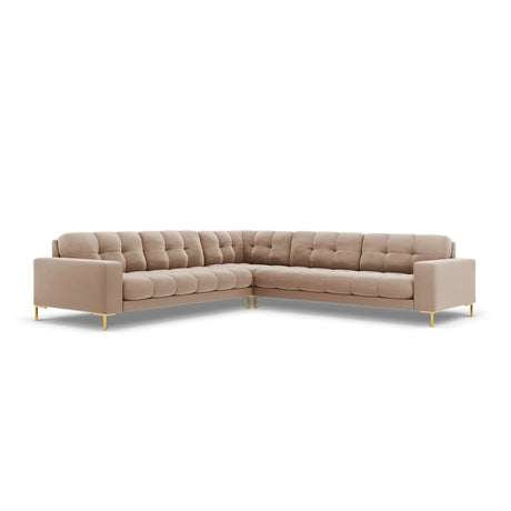 Mamaia 5-Sitzer Ecksofa symmetrisch, Beine Goldmetall, mit Bezug aus Samt (Blu28) in Beige, 256x256 cm – Bild 1