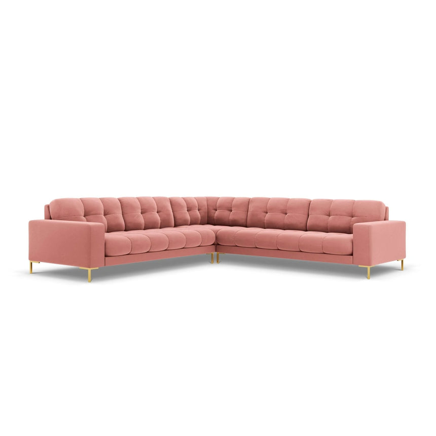 Mamaia 5-Sitzer Ecksofa symmetrisch, Beine Goldmetall, mit Bezug aus Samt (Blu52) in Rosa, 256x256 cm – Bild 1