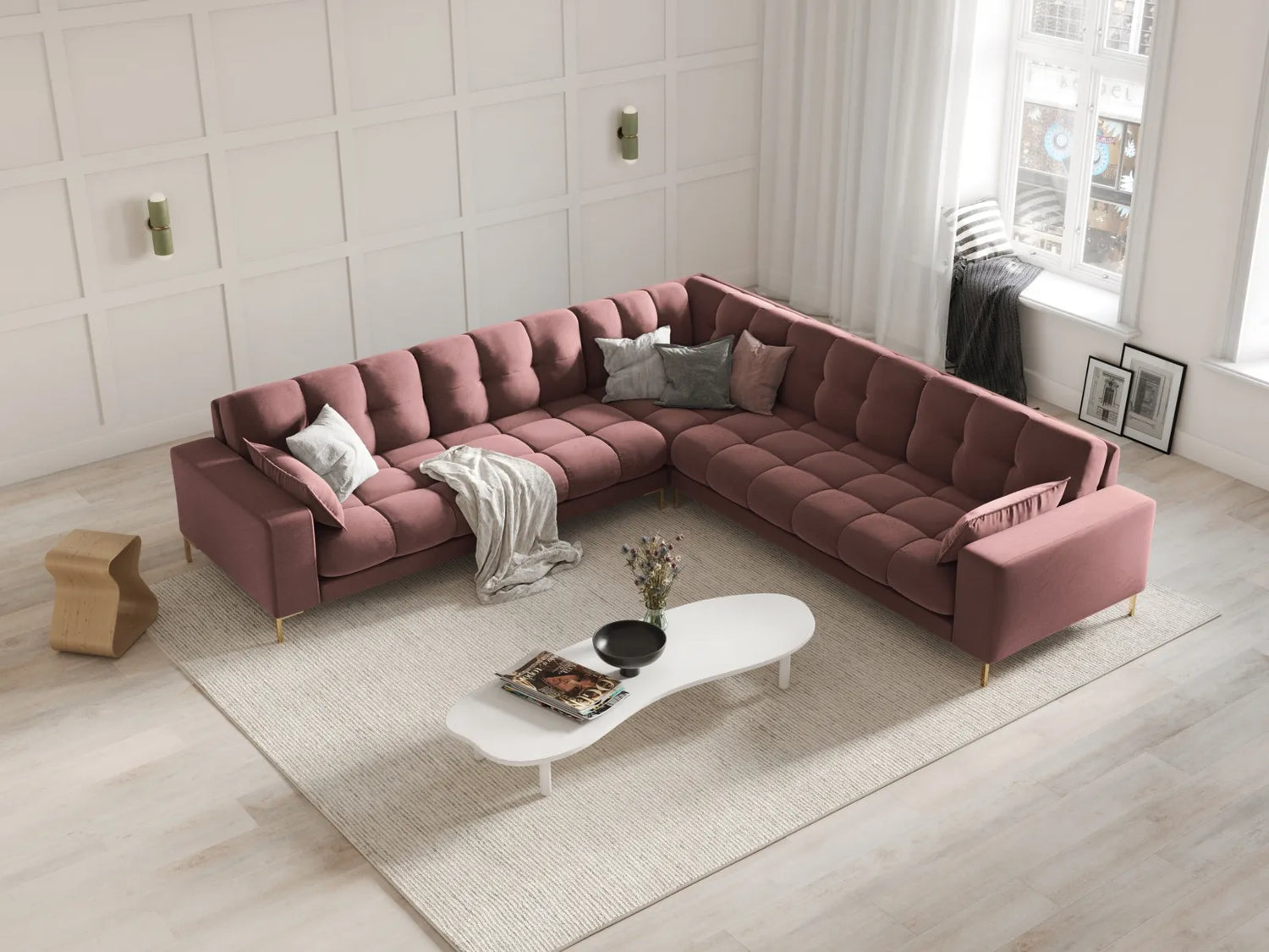 Mamaia 5-Sitzer Ecksofa symmetrisch, Beine Goldmetall, mit Bezug aus Samt (Blu52) in Rosa, 256x256 cm – Bild 2