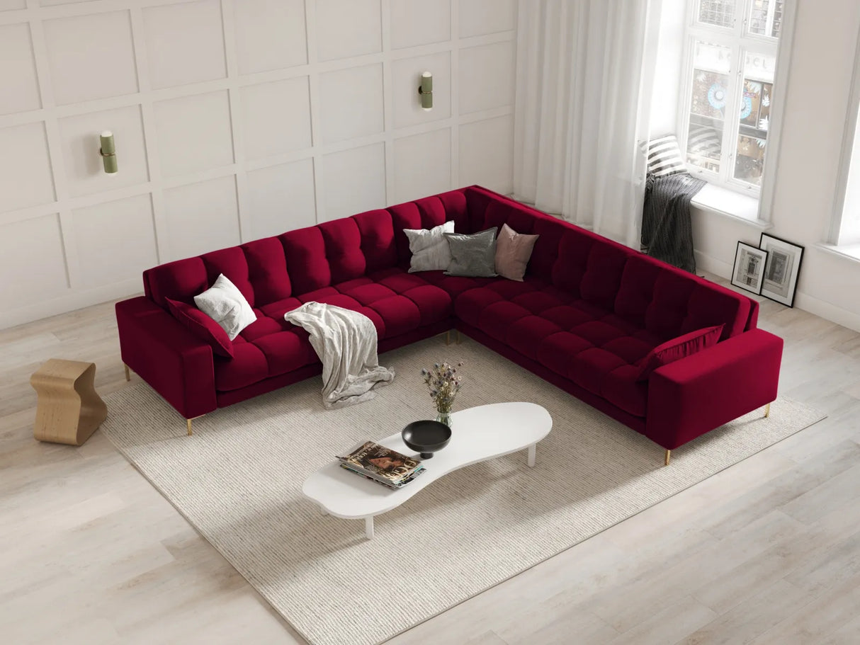 Mamaia 5-Sitzer Ecksofa symmetrisch, Beine Goldmetall, mit Bezug aus Samt (Blu59) in Rot, 256x256 cm – Bild 2