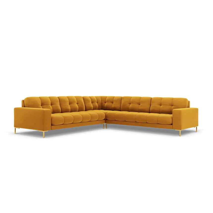 Mamaia 5-Sitzer Ecksofa symmetrisch, Beine Goldmetall, mit Bezug aus Samt (Blu68) in Gelb, 256x256 cm – Bild 1