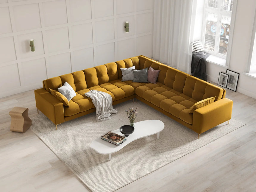 Mamaia 5-Sitzer Ecksofa symmetrisch, Beine Goldmetall, mit Bezug aus Samt (Blu68) in Gelb, 256x256 cm – Bild 2