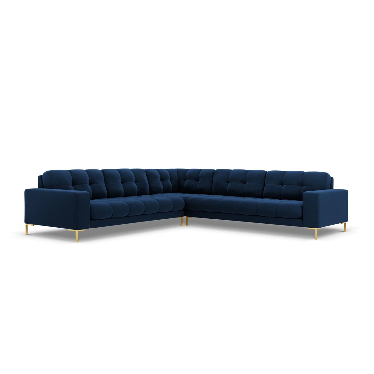 Mamaia 5-Sitzer Ecksofa symmetrisch, Beine Goldmetall, mit Bezug aus Samt (Blu86) in Königsblau, 256x256 cm – Bild 1
