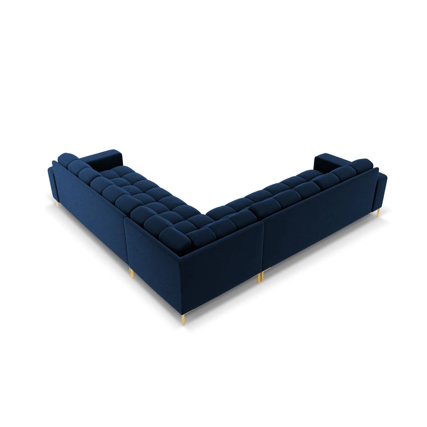 Mamaia 5-Sitzer Ecksofa symmetrisch, Beine Goldmetall, mit Bezug aus Samt (Blu86) in Königsblau, 256x256 cm – Bild 5