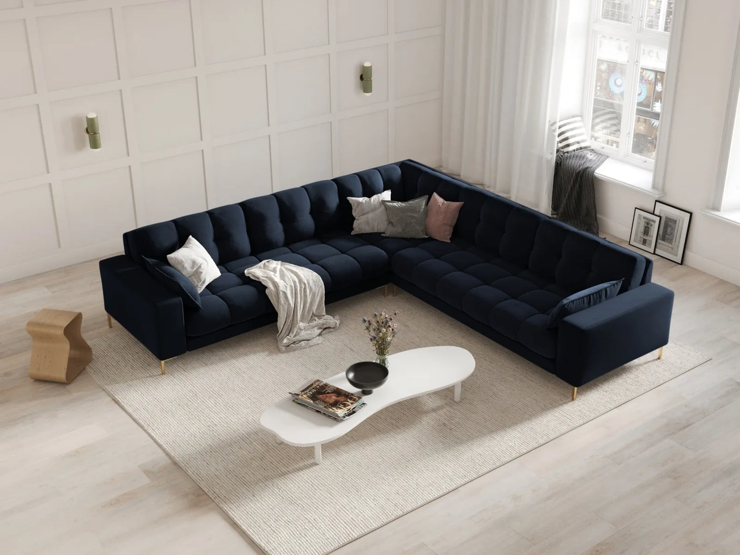 Mamaia 5-Sitzer Ecksofa symmetrisch, Beine Goldmetall, mit Bezug aus Samt (Blu89) in Dunkelblau, 256x256 cm – Bild 2