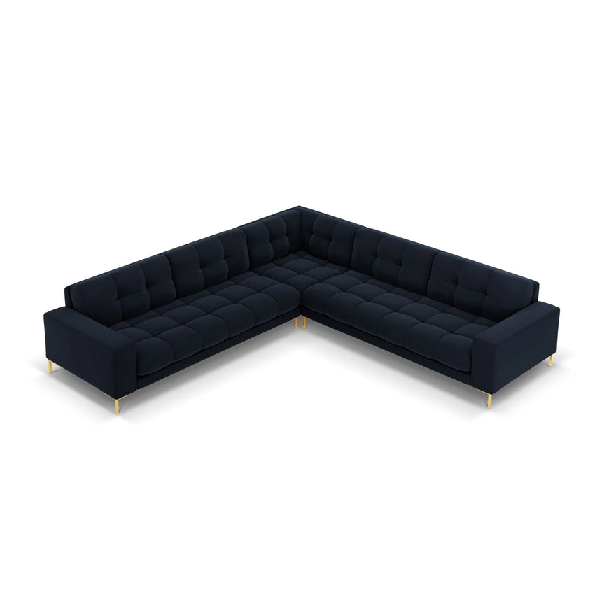 Mamaia 5-Sitzer Ecksofa symmetrisch, Beine Goldmetall, mit Bezug aus Samt (Blu89) in Dunkelblau, 256x256 cm – Bild 4