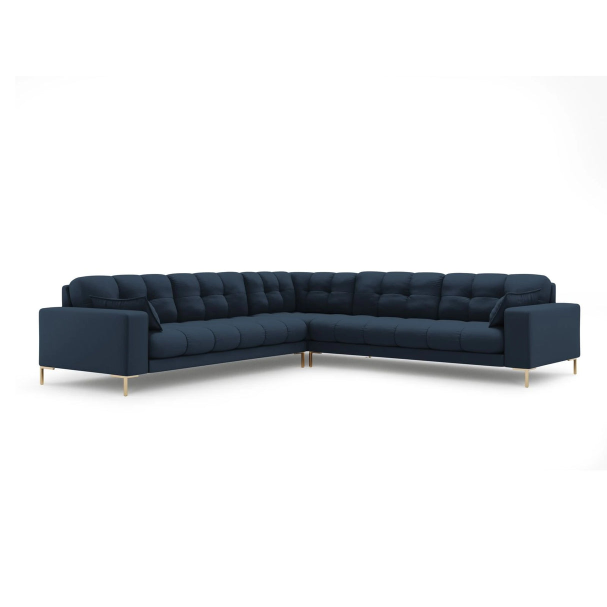 Mamaia 5-Sitzer Ecksofa symmetrisch, Beine Goldmetall, mit Bezug aus Strukturierter Stoff (Nev77) in Blau, 256x256 cm – Bild 1
