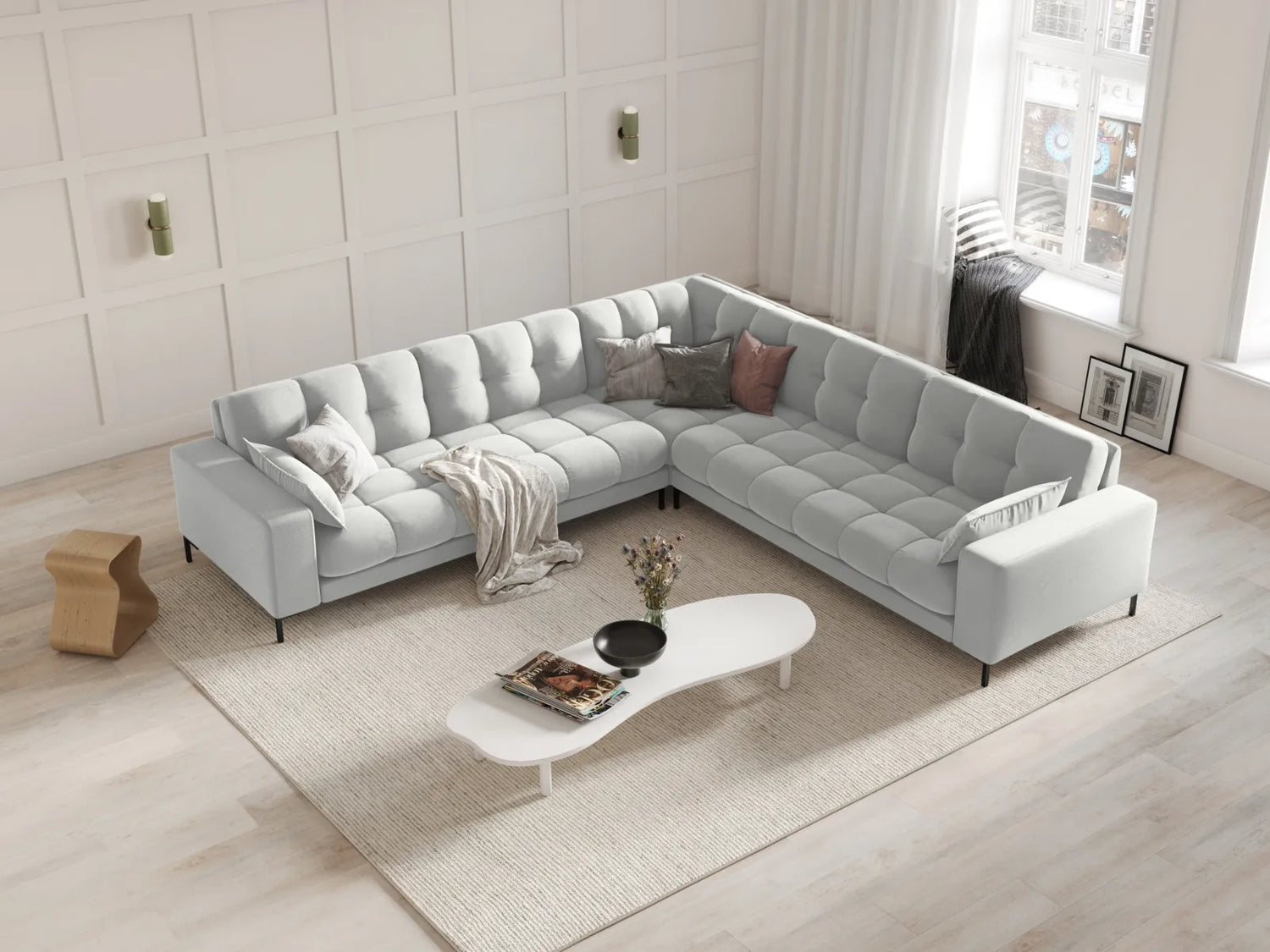 Mamaia 5-Sitzer Ecksofa symmetrisch, Metallbeine Schwarz, mit Bezug aus Samt (Blu03) in Silber, 256x256 cm – Bild 2
