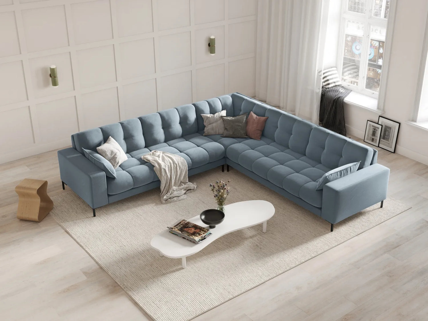 Mamaia 5-Sitzer Ecksofa symmetrisch, Metallbeine Schwarz, mit Bezug aus Samt (Blu06) in Hellblau, 256x256 cm – Bild 2